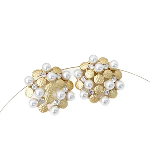 Elegant vintage sunflower stud earrings with white pearls and sparkling rhinestones for women