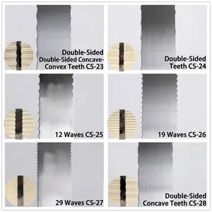 Detail view of various stainless steel cake scraper edge patterns and model numbers