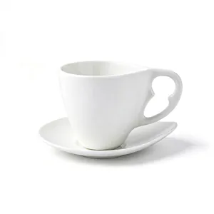 Juego de Taza de Café y Platillo de Porcelana Blanca con Forma de Gota Taza de Cerámica Resistente al Calor para Hotel Cafetería