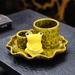 Handcrafted ceramic frog incense burner with lotus leaf tray for palo santo and sage