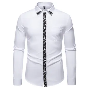 Detailed view of men's white long-sleeve casual shirt with floral paisley pattern trim
