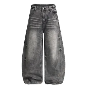 Amerikanische Vintage Washed Cat Whisker Jeans Unisex Lockere Baggy Gebogene Klinge Denim Hose Retro Distressed Streetwear Hose