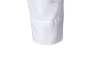 Close-up of a white dress shirt sleeve cuff showing fine stitching and fabric texture