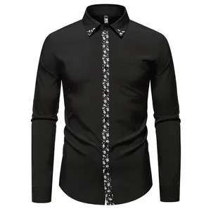 Detail view of mens black casual shirt with paisley patchwork on collar and placket