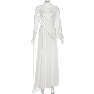 Elegant white high-neck pleated long sleeve top and matching maxi skirt set for women.