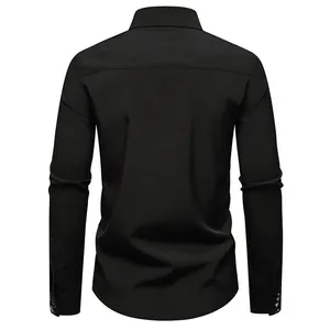 Back view of men's black long sleeve casual shirt with sleek finish and paisley cuff detail