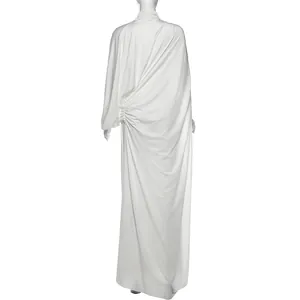 Detailed back view of an elegant white high-neck pleated maxi dress with ruched side