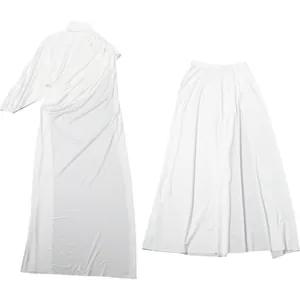 Elegant two-piece white clothing set featuring a high-neck draped top and a long flowy maxi skirt