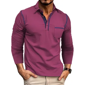 Herren Polohemd in Weinrot mit langen Ärmeln, blauen Kontrastdetails und Brusttasche