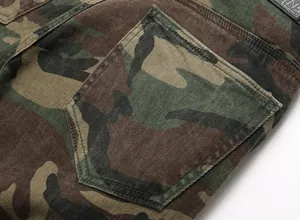 Detailed close-up of woodland camouflage pattern and back pocket on slim fit cargo pants