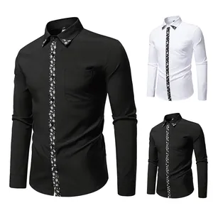 Men's long sleeve casual shirt with stylish paisley patchwork design on collar and placket
