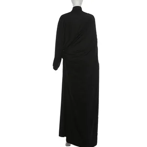Elegant black high-neck pleated top and long skirt set for women, back view details