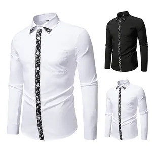 Men's fashion slim fit long sleeve shirt with paisley patchwork collar and placket