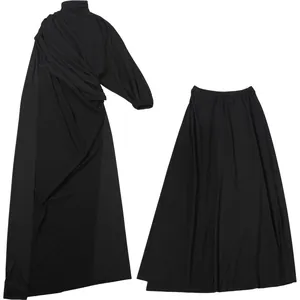 Elegant black two-piece set featuring a high-neck pleated draped top and matching long skirt
