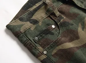 Detailed close-up of men's camouflage jeans showing pocket rivets and fabric texture