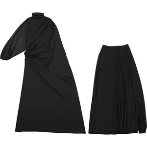 Black two-piece set featuring a turtleneck ruched top and high-slit maxi skirt