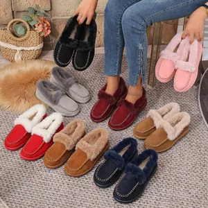Detailed look at warm fur-lined suede moccasin slippers in multiple colors