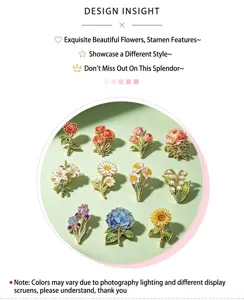 Detaillierte Ansicht der Blumen-Emaille-Pins mit Rosen-, Pfingstrosen- und Sonnenblumen.
