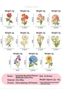 Vista detallada de colección de broches florales con dimensiones y peso