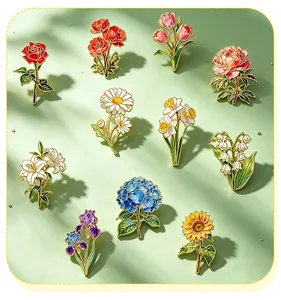Colección de pines de esmalte floral con diseños de rosa, girasol, lirio y margarita.