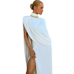 Elegant white high-neck pleated top and high-slit skirt two-piece set for women.