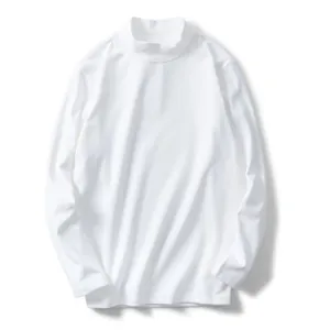 T-shirt uomo bianca a maniche lunghe con collo a lupetto, consistenza spazzolata