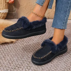 Detailed view of navy blue suede slippers with cozy faux fur trim and gold stitching