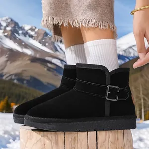 Black genuine leather snow boots for kids with warm lining and stylish buckle strap