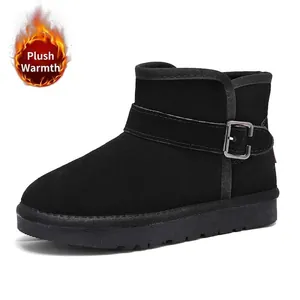 Warm kids' black leather snow boots with fleece lining and anti-slip rubber sole