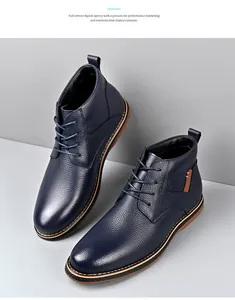 High-quality navy blue pebbled leather men's chukka boots with lace-up closure detail