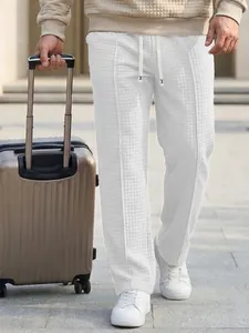 Men's white waffle knit casual trousers with elastic drawstring waist for outdoor comfort