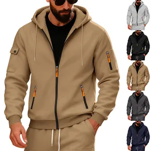 Vista dettagliata della felpa con cappuccio e zip da uomo con tasche, vari colori