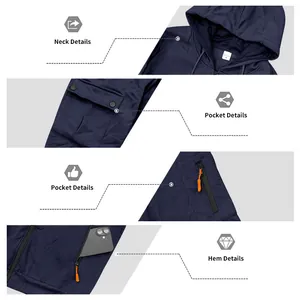 Dettagli della felpa con cappuccio blu scuro con collo, tasche e accenti sull'orlo.