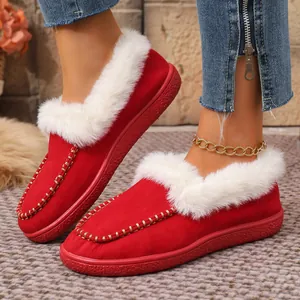 Cozy red suede winter slippers with white faux fur trim and gold stitch detail for women