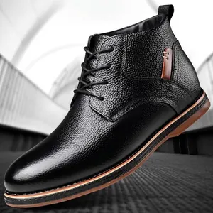 Men's black pebbled leather Martin boots with stylish brown trim accents