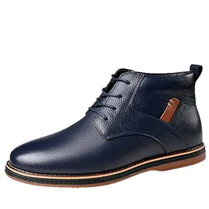Men's navy blue pebbled leather Martin boots with brown accents and non-slip rubber sole