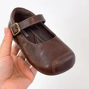 Mädchen Mary Jane Schuhe Vintage Quadratische Spitze Weiche Sohle Flache Lederschuhe Für Kinder Schule Freizeit Braun Beige Schwarz