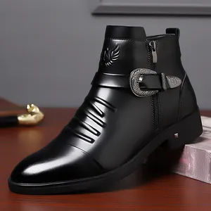 Botas de Vestir de Negocios de Estilo Británico para Hombre Cuero Dividido Cremallera Lateral Botas Chelsea Hebilla Plisado
