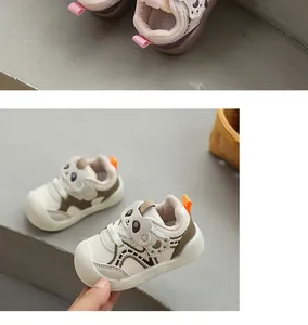 Close-up of cute panda-themed baby walking shoes with soft breathable soles for toddlers