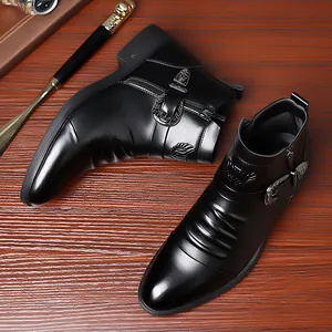 Elegante schwarze Herren-Lederstiefeletten mit Metallschnalle und Reißverschluss