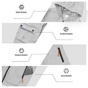 Vista dettagliata di una felpa grigia con zip, cappuccio, tasche e bordo rifinito.