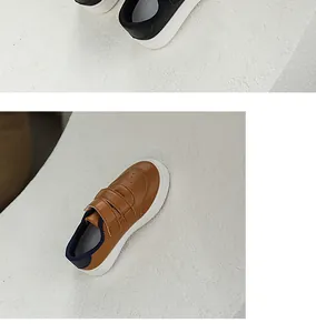 Detailansicht der braunen Kinder-Sneaker mit praktischen Klettverschluss-Riemen.