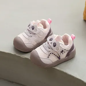 Panda-themed soft-sole toddler walking shoes in breathable pink mesh