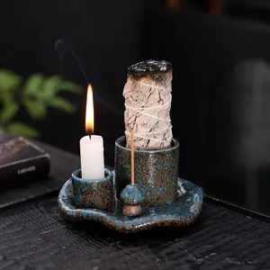 Quemador de cerámica azul para salvia blanca, Palo Santo y portavelas