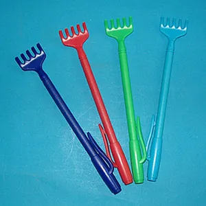 Set of four colorful plastic back scratchers featuring a rake-shaped claw and pocket clip design