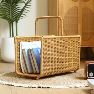 Portable Handheld Magazine Storage Basket Imitation Rattan Woven Book Organizer For Living Room Outdoor Japanese Style Plastic Basket