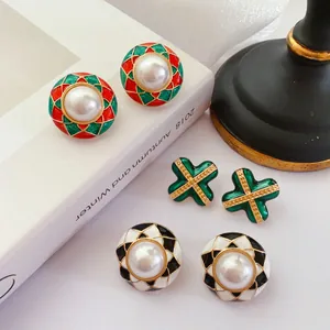 Barock Hof Vintage Emaille Glasur Künstliche Perle Ohrstecker Mit 925 Sterling Silber Stift Vintage Französischer Schmuck