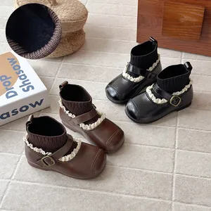 Girls Retro Sock Boots Winter Warm Velvet Lined Artificial Leather Knit Boots Lace Trim Round Toe Non-slip Shoes For Kids