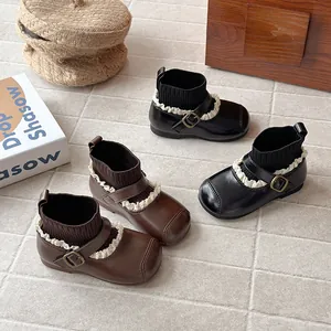 Retro toddler girls' elastic sock boots with lace trim and round toe in brown and black colors