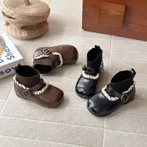 Vintage style girls' lace elastic sock boots in brown and black leather finish for autumn